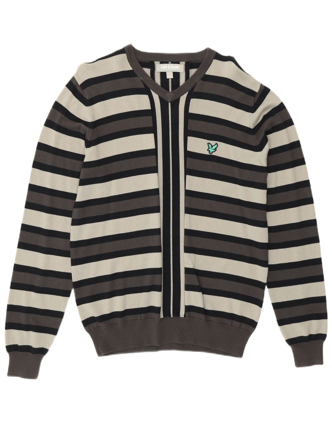 LYLE & SCOTT Ανδρικό πουλόβερ με λαιμόκοψη σε μεσαίο γκρι βαμβακερό ριγέ