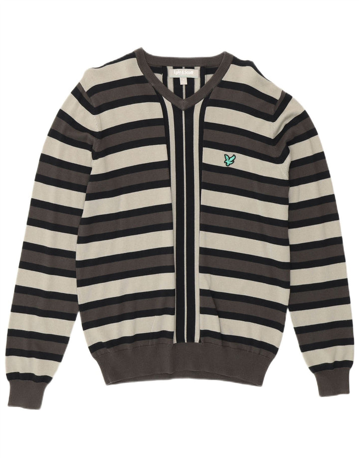LYLE & SCOTT Ανδρικό πουλόβερ με λαιμόκοψη σε μεσαίο γκρι βαμβακερό ριγέ