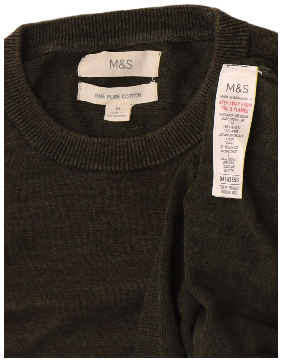 Marks & Spencer Ανδρικό πουλόβερ με λαιμόκοψη από μεσαίο χακί βαμβακερό