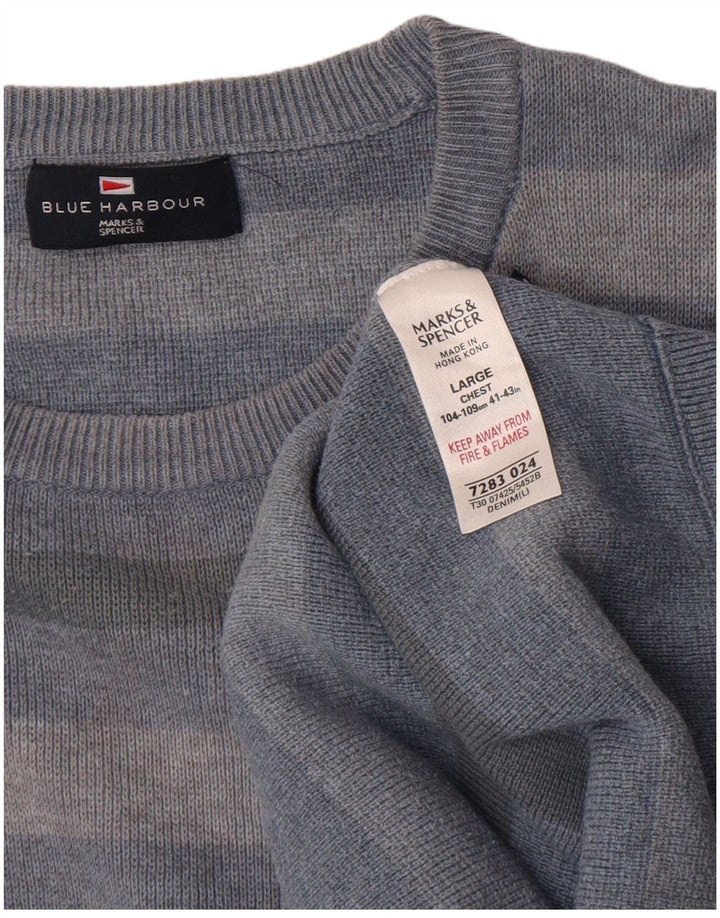 Marks & Spencer Ανδρικό πουλόβερ με λαιμόκοψη, μεγάλο μπλε βαμβακερό ριγέ