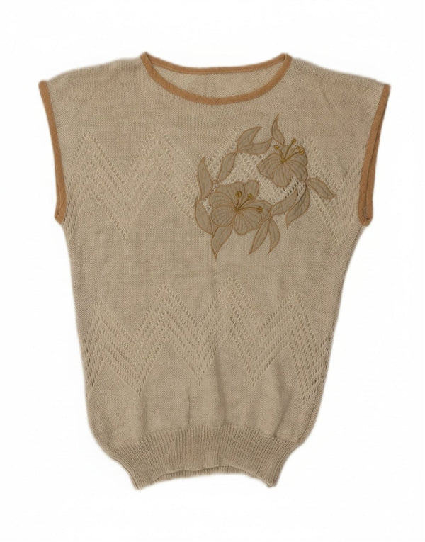 Vintage γυναικείο γιλέκο Tank Top UK 12 Medium Beige Floral Acrylic