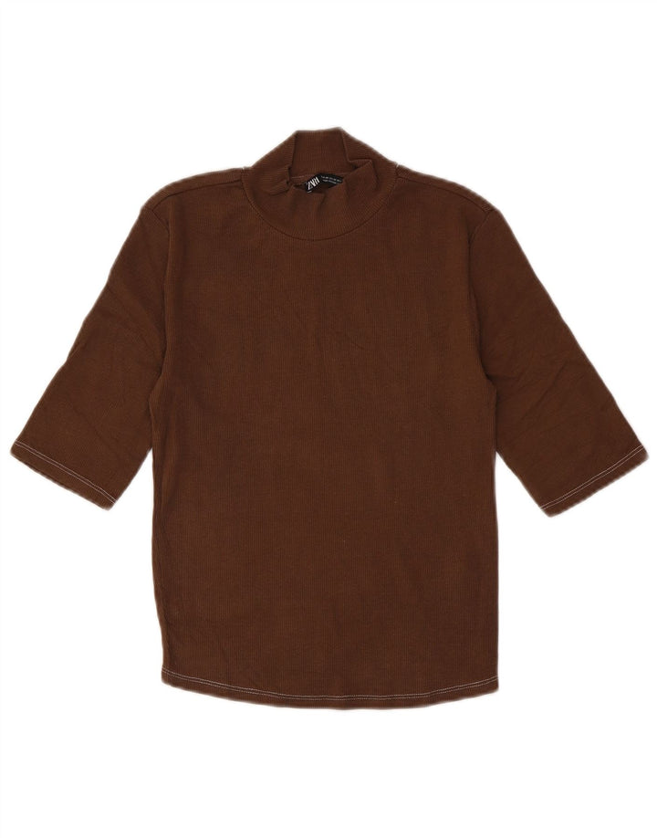 Zara Γυναικείο Crop Top 3/4 μανίκι UK 12 μεσαίο καφέ βαμβακερό