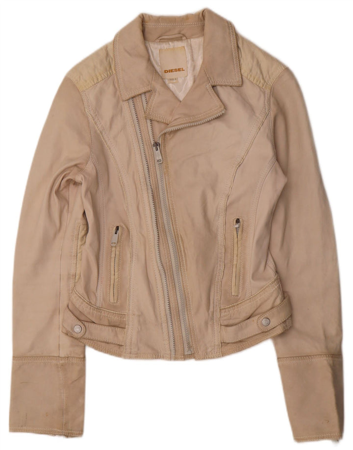 DIESEL Γυναικείο Crop Leather Biker Jacket UK 10 Small Beige Leather
