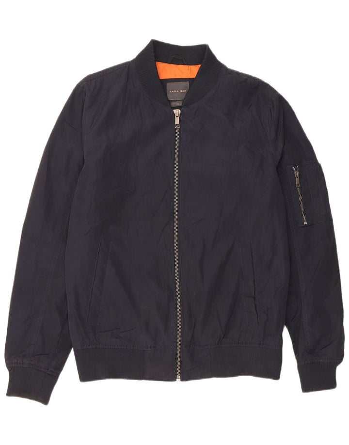 Zara Ανδρικό Bomber Jacket UK 40 Large Navy Blue Polyester