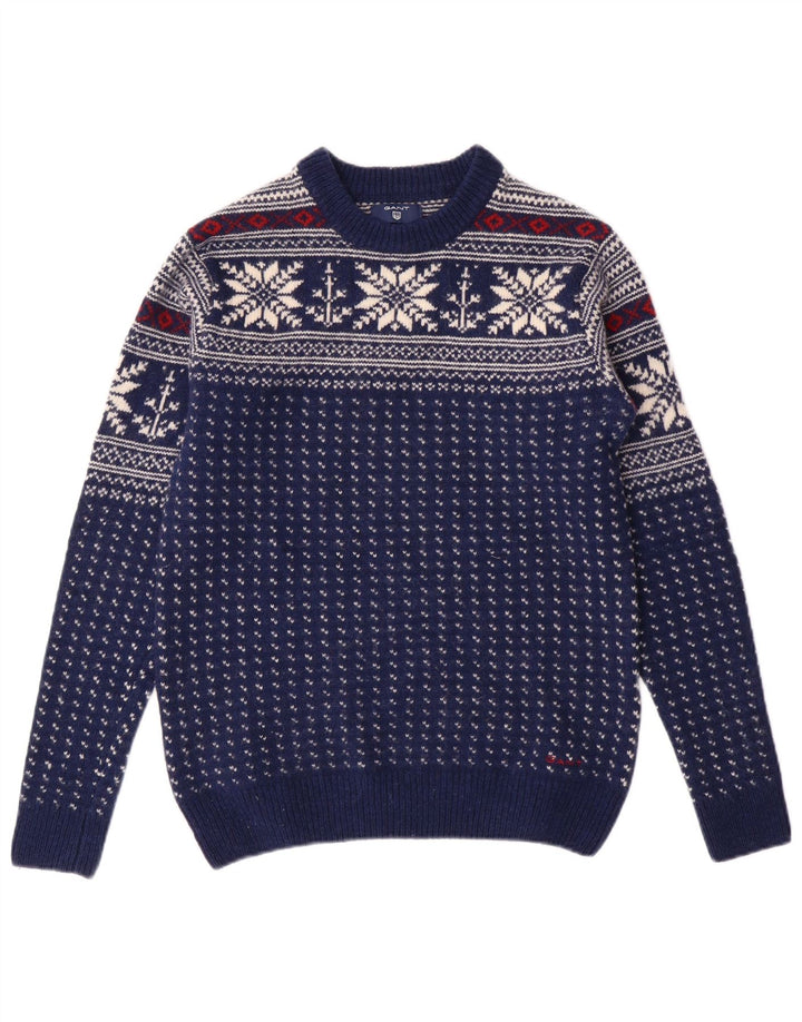 Ανδρικό πουλόβερ με λαιμόκοψη GANT Small Navy Blue Fair Isle Wool