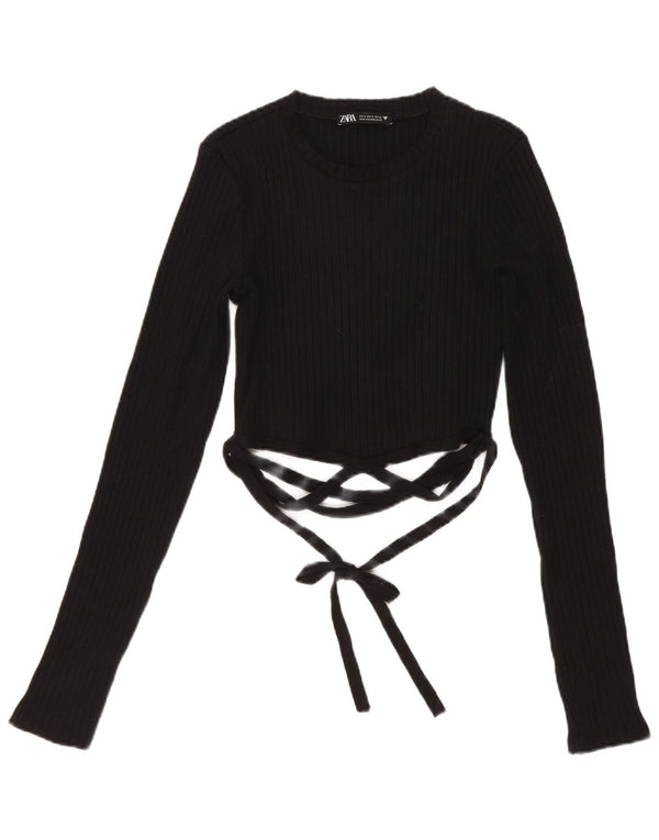 Zara Γυναικείο Crop Top Μακρυμάνικο UK 8 Μικρό Μαύρο Βαμβακερό