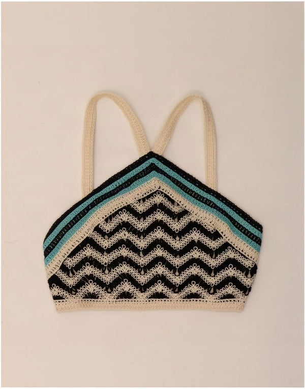 Zara Γυναικεία Crop Crochet Halter Top UK 8 Small Chevron πολύχρωμα