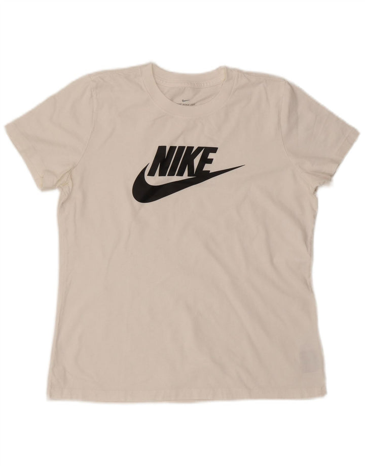 Γυναικείο γραφικό μπλουζάκι Nike τοπ UK 14 μεσαίο λευκό βαμβακερό
