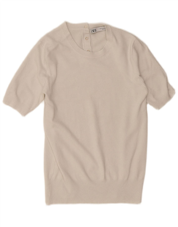 Γυναικείο κοντομάνικο Zara πουλόβερ με λαιμόκοψη UK 12 Medium White