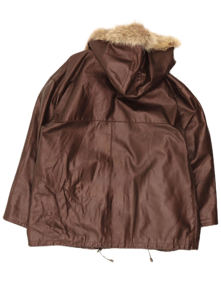 Vintage Γυναικείο Δερμάτινο Μπουφάν Oversized με Κουκούλα IT 48 XL Καφέ