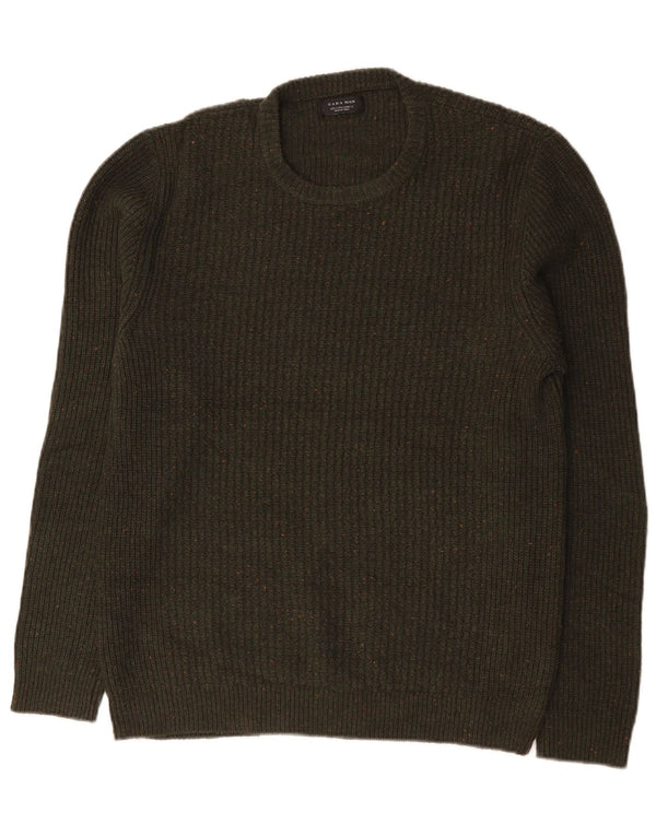 Zara Mens Crew Neck Jumper Sweater Large Green Flecked Acrylic