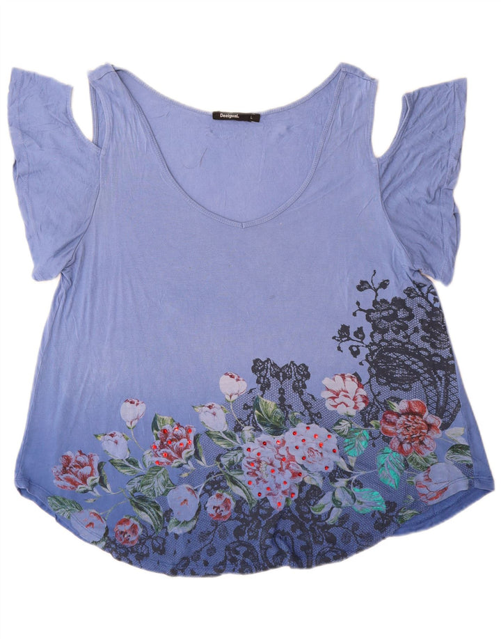Γυναικείο Desigual Graphic Off Shoulder Top UK 16 Large Blue Floral