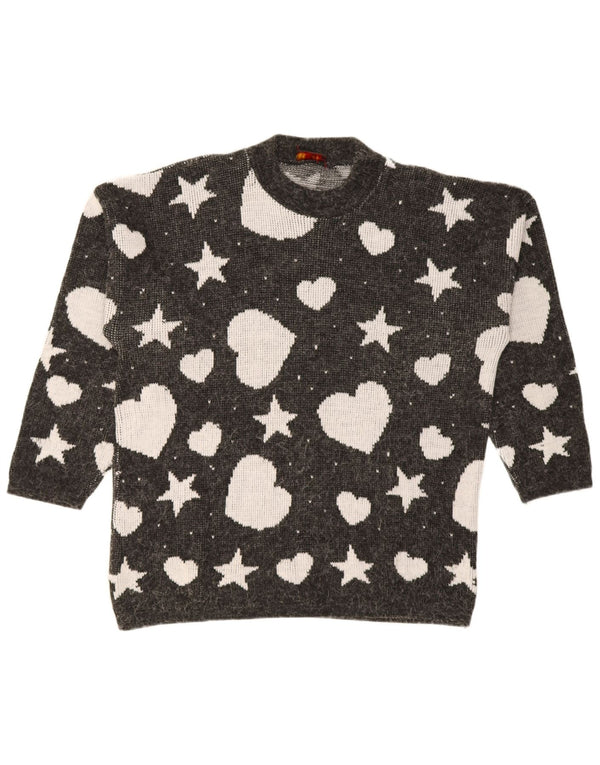Vintage γυναικείο Abstract Pattern Crew Neck Jumper πουλόβερ UK 14 Large Black