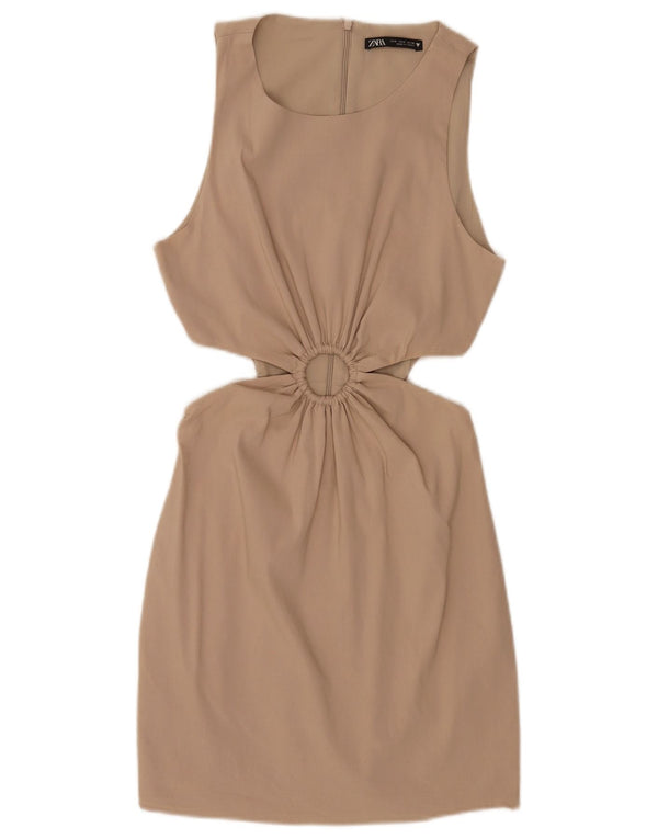Zara Γυναικείο Αμάνικο Bodycon Φόρεμα UK 8 Μικρό μπεζ βαμβακερό