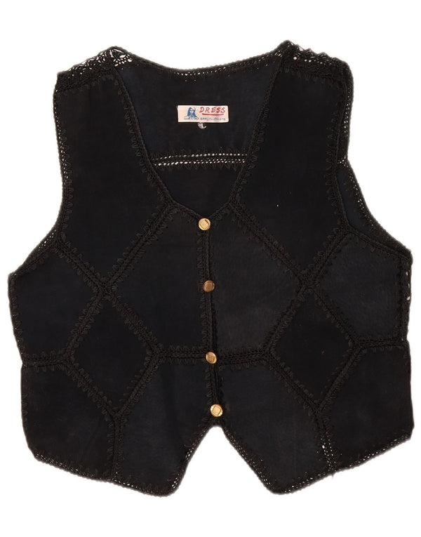 Vintage Γυναικείο Suede Γιλέκο UK 14 Large Black Patchwork