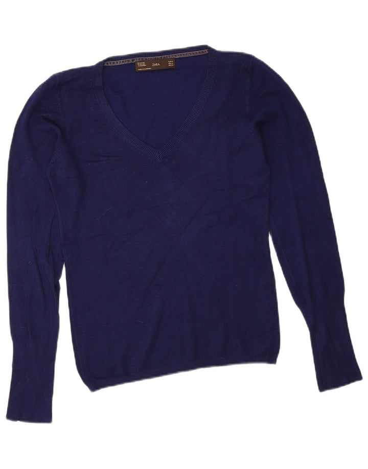 Γυναικείο πουλόβερ Zara με V λαιμόκοψη UK 12 Medium Navy Blue Rayon