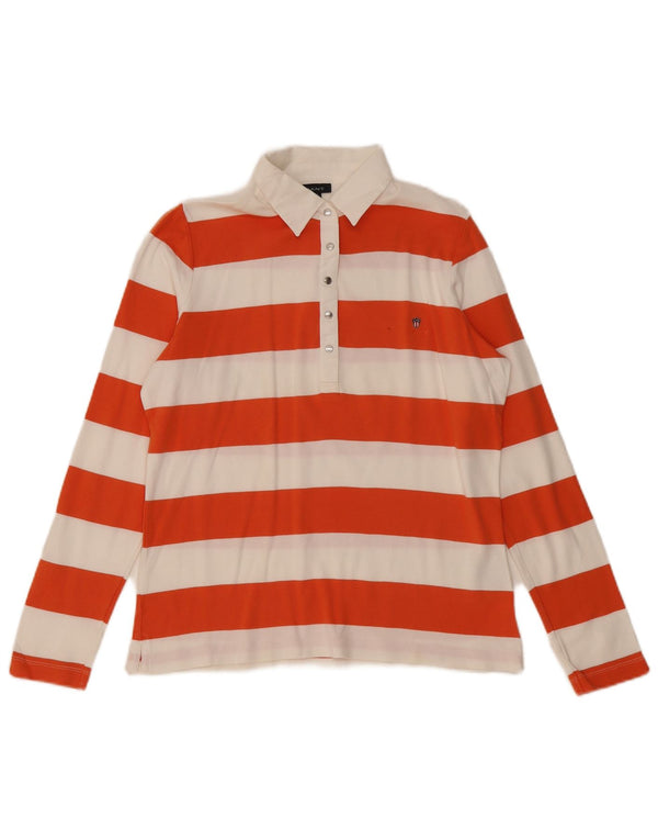 Gant Womens Long Sleeve Rugby Polo Shirt UK 14 Medium Orange Striped Cotton