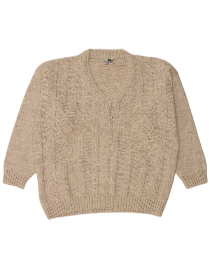 Vintage Ανδρικό πουλόβερ με V λαιμόκοψη XL Μπεζ μαλλί