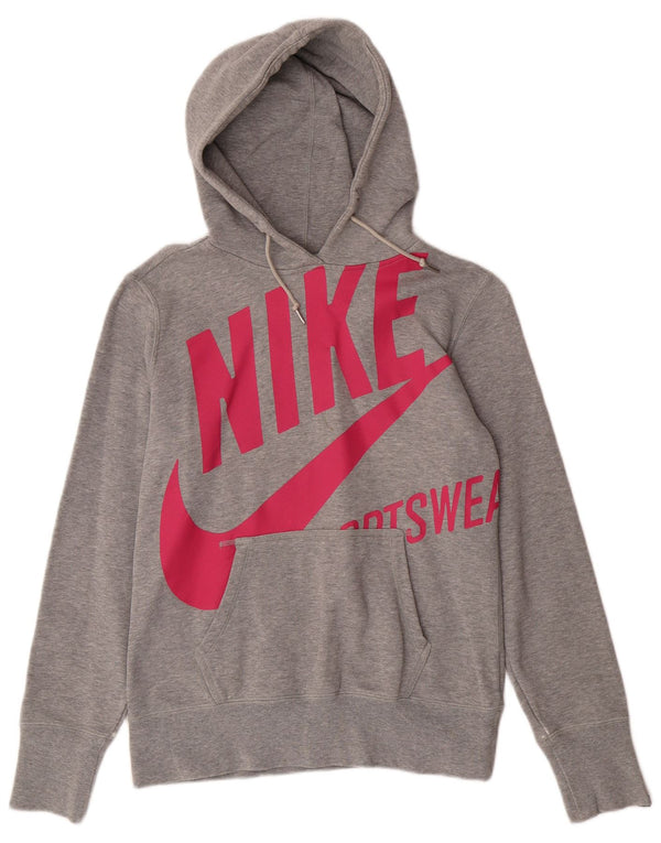 Γυναικεία NIKE Standard Fit Graphic Hoodie Jumper UK 14 Medium Grey Cotton
