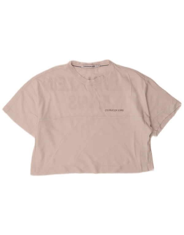 Calvin Klein Jeans Γυναικείο Crop Oversized γραφικό T-shirt Top UK 6 XS White