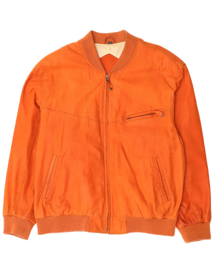 C&A Ανδρικό Δερμάτινο Bomber Jacket UK 40 Large Orange Leather