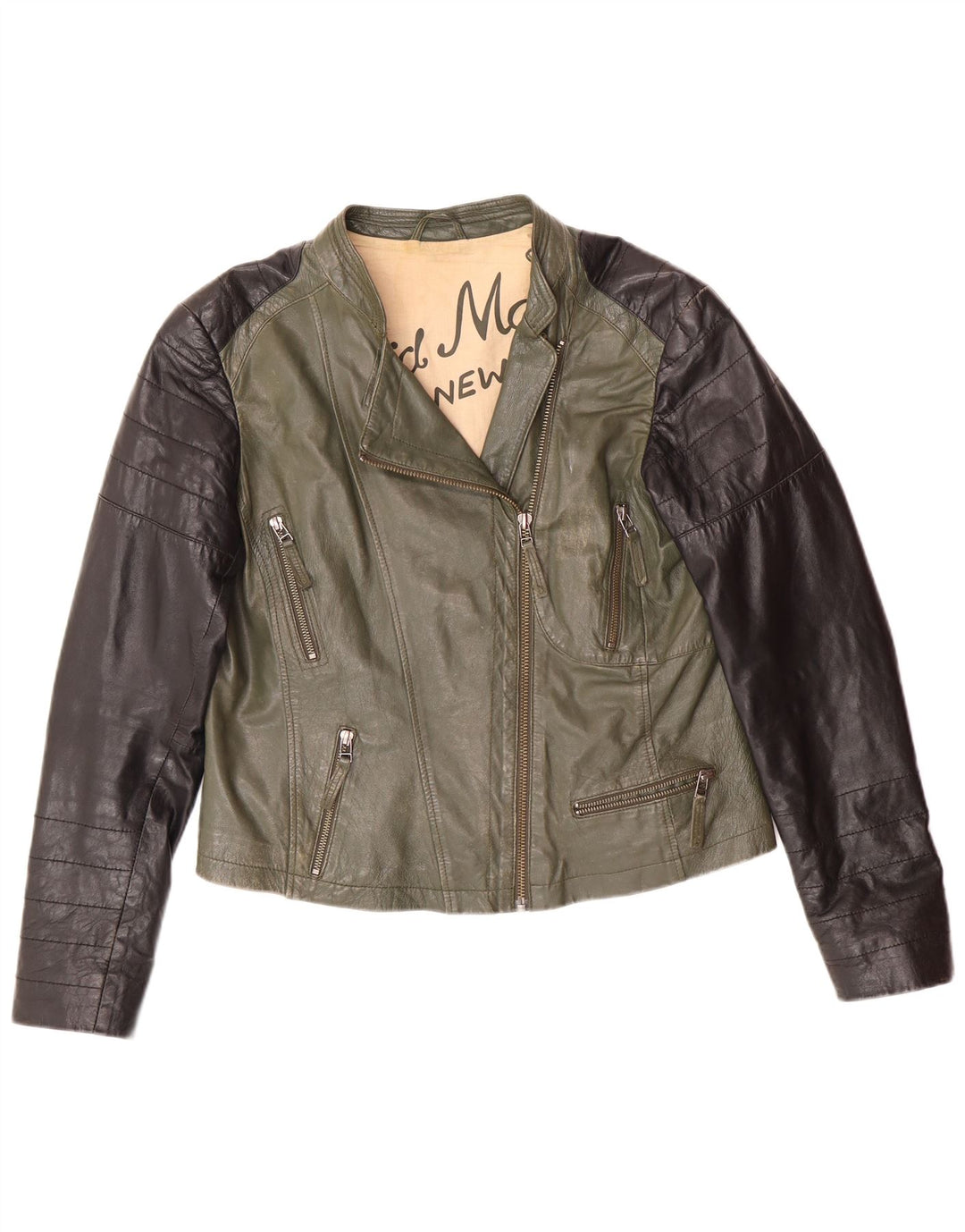 DAVID MOORE Γυναικείο Crop Biker Jacket UK 16 Large Green Colourblock Δερμάτινο