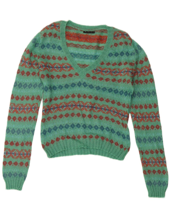 Γυναικείο πουλόβερ SISLEY Crop με V λαιμόκοψη UK 14 Medium Turquoise Fair Isle