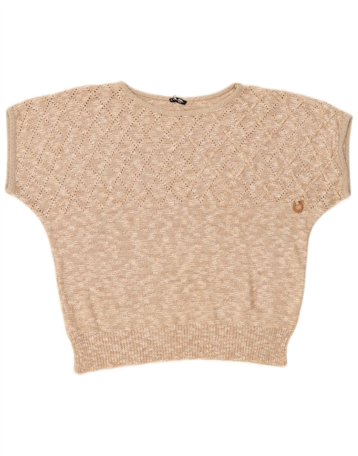 Vintage γυναικείο κοντομάνικο πουλόβερ με λαιμόκαυστο UK 14 Medium Beige