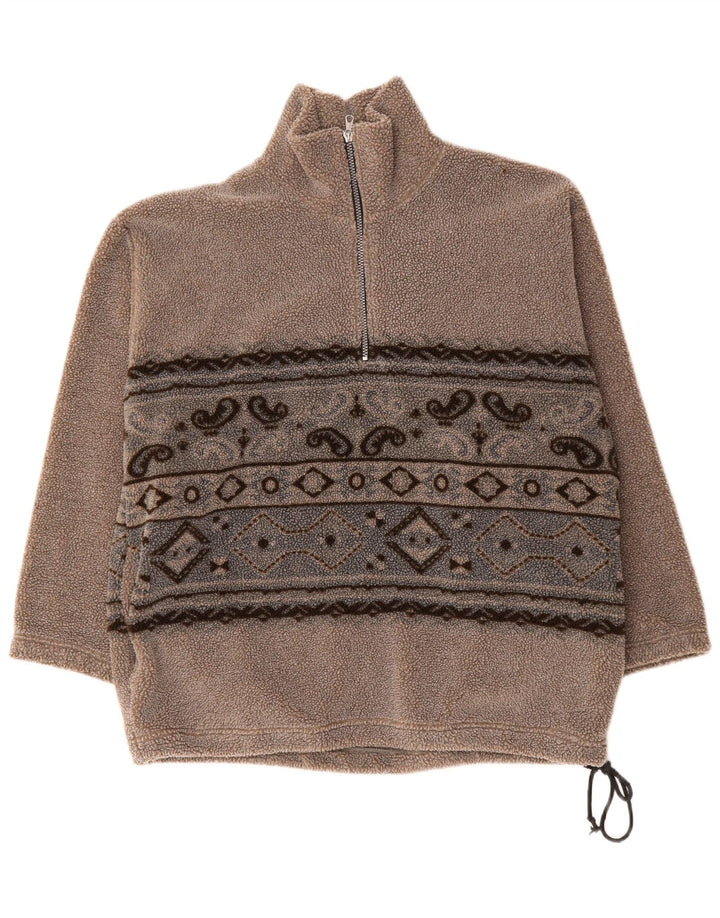 BASIC Mens Zip Neck Fleece Jumper Large Brown Paisley Polyester