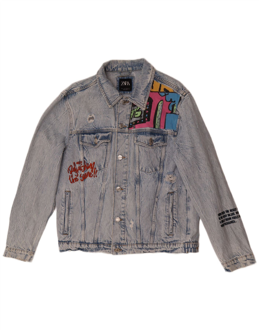 Zara Ανδρικό τζιν μπουφάν Distressed Graphic UK 42 XL Blue