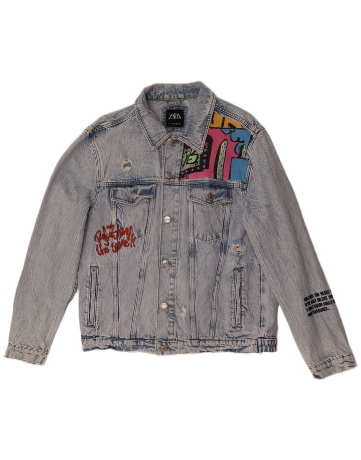 Zara Ανδρικό τζιν μπουφάν Distressed Graphic UK 42 XL Blue