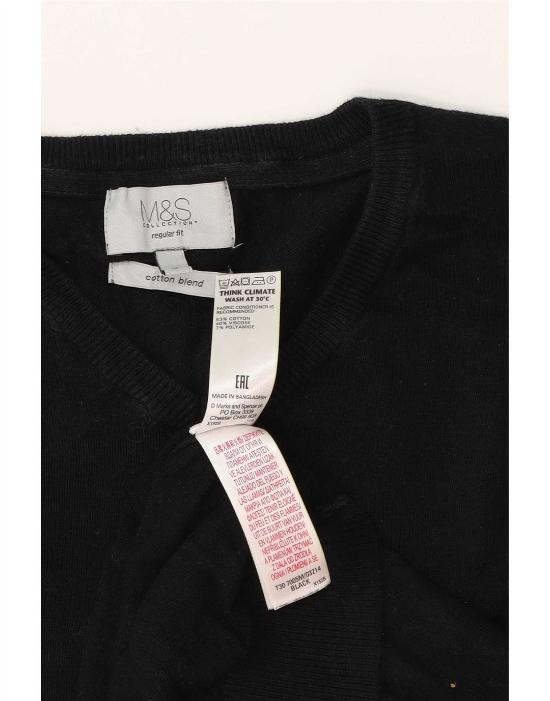 Marks & Spencer Ανδρικό πουλόβερ με κανονική εφαρμογή σε V λαιμόκοψη, μεγάλο μαύρο βαμβακερό