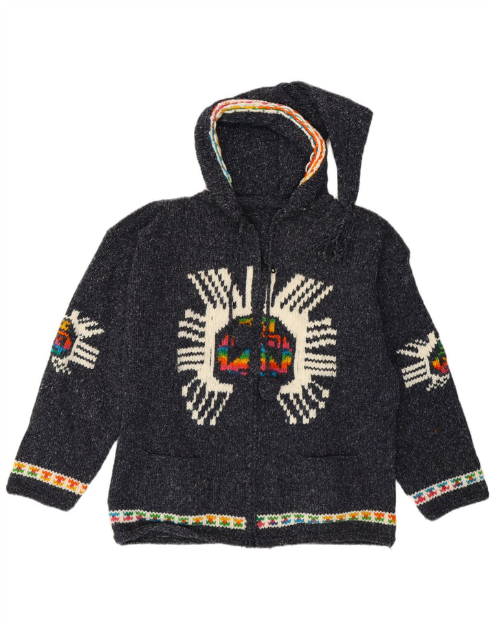 Vintage γυναικείο γραφικό ζακέτα UK 14 Medium Navy Blue Ethnic