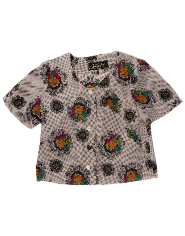 Vintage γυναικείο Crop κοντομάνικο μπλούζα UK 14 Medium Grey Floral