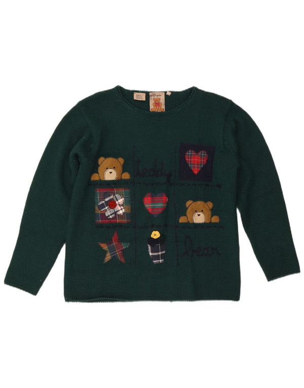 Vintage Womens Graphic Boat Neck Jumper Sweater UK 12 Medium Green Acrylic