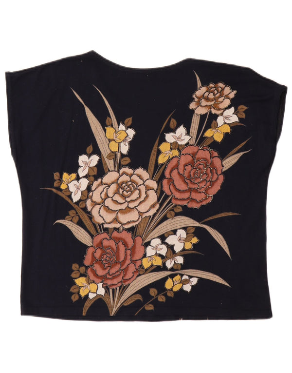 Vintage Womens Graphic T-Shirt Top UK 14 Large Navy Blue Floral