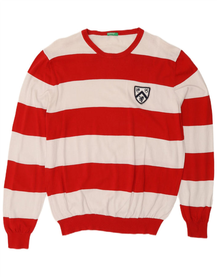 BENETTON Ανδρικό πουλόβερ με λαιμόκοψη XL από βαμβακερό κόκκινο ριγέ