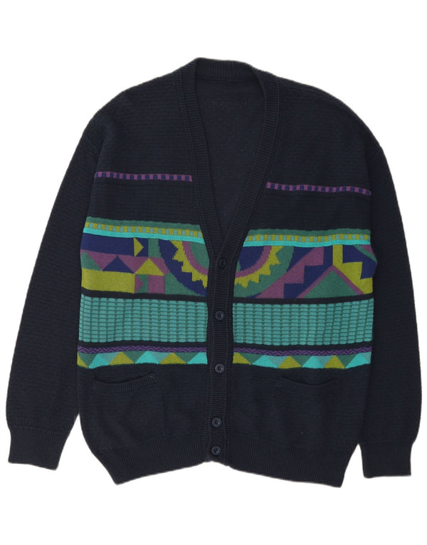 Vintage Ανδρικό Ζακέτα πουλόβερ Μεγάλο Μπλε Navy Γεωμετρικό Βαμβάκι