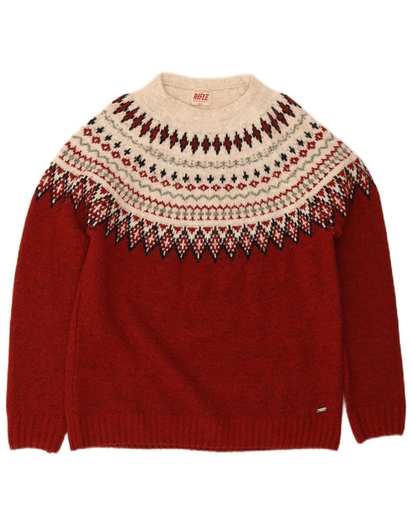 Rifle Womens Crew Neck Jumper πουλόβερ UK 10 Small Burgundy Fair Isle
