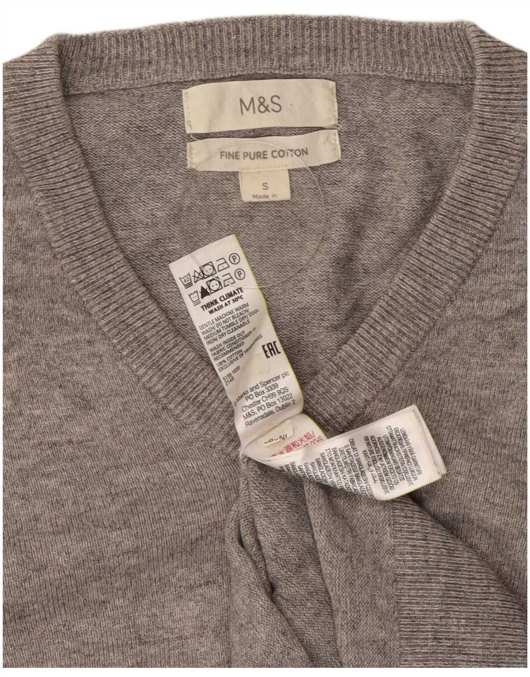 Marks & Spencer Ανδρικό πουλόβερ με λαιμόκοψη με λαιμόκοψη σε μικρό βαμβακερό γκρι