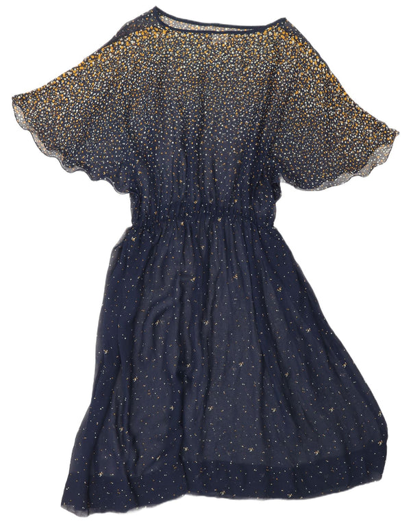 VINTAGE Γυναικείο Μαξί Φόρεμα UK 18 XL Navy Blue Spotted Acetate