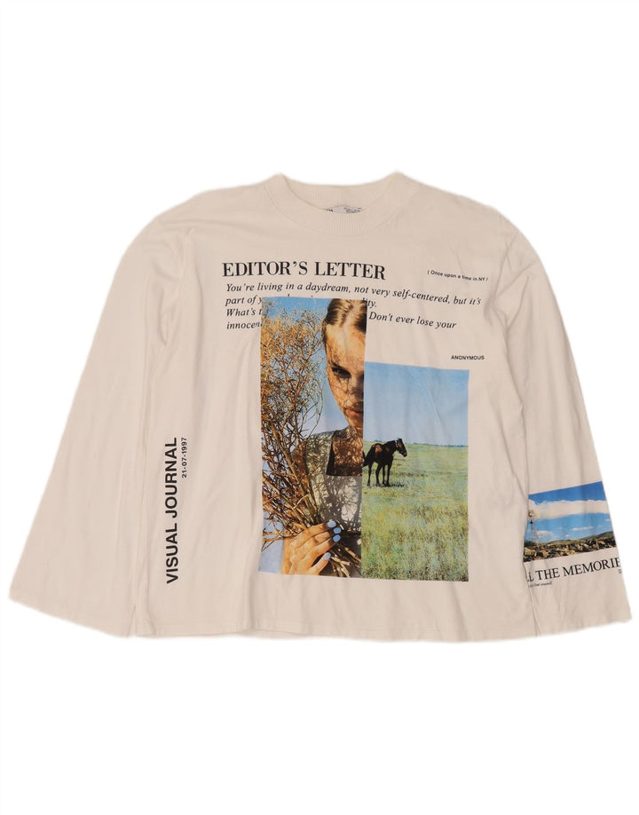 Zara Γυναικείο τοπ μακρυμάνικο μεγάλου μεγέθους γραφικό UK 10 μικρό λευκό βαμβακερό