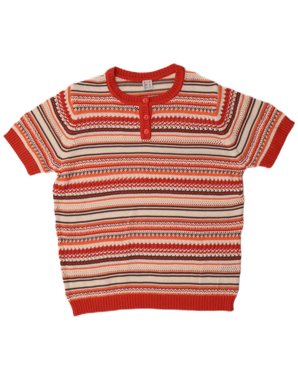 Vintage γυναικείο κοντομάνικο πουλόβερ με κουμπιά λαιμόκοψη UK 18 XL κόκκινο ριγέ