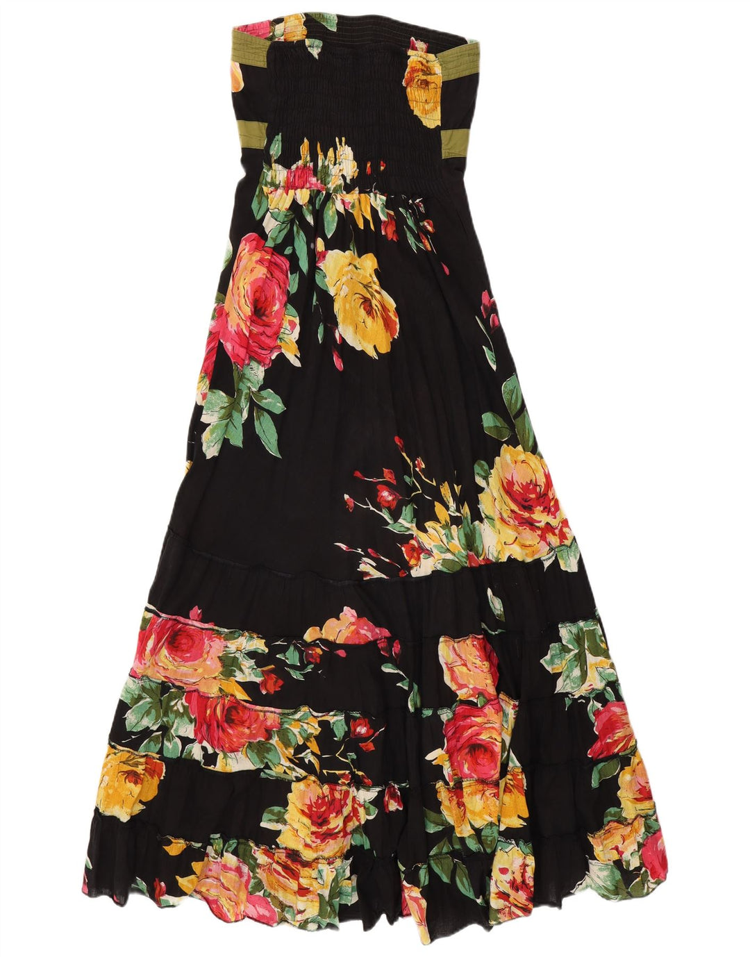 VINTAGE Γυναικείο Maxi Στράπλες Φόρεμα UK 14 Μεσαίο μαύρο φλοράλ βαμβακερό