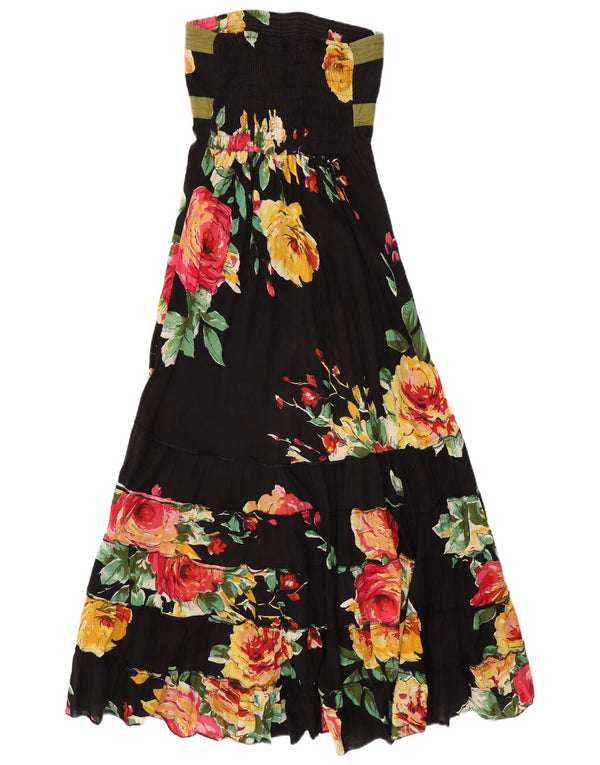 VINTAGE Γυναικείο Maxi Στράπλες Φόρεμα UK 14 Μεσαίο μαύρο φλοράλ βαμβακερό