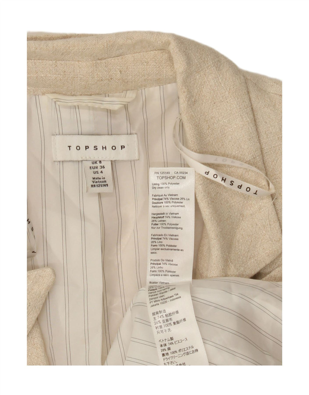 TOPSHOP Womens Double Breasted Blazer Jacket UK 8 Small Beige Viscose Vintage Topshop and Second-Hand Topshop from Messina Hembry 