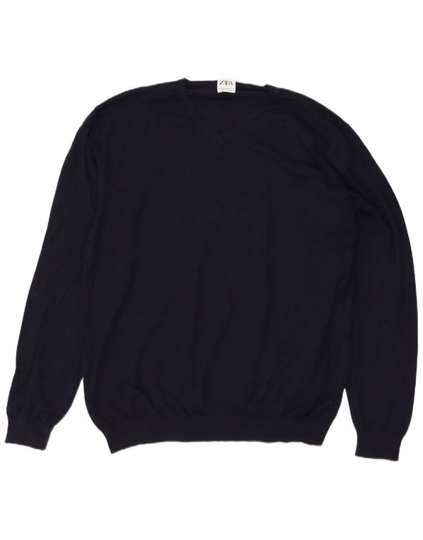 Ανδρικό πουλόβερ ZARA με V λαιμόκοψη 2XL Navy Blue Viscose