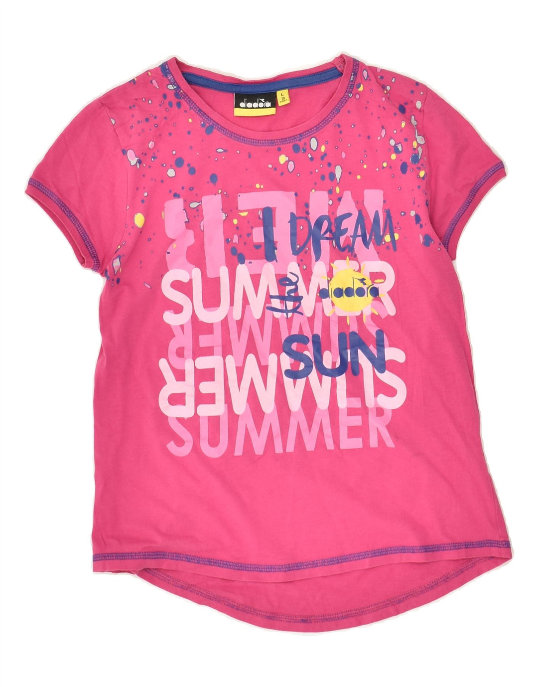 DIADORA Girls Graphic T-Shirt Top 9-10 Years Large  Pink Cotton | Vintage Diadora | Thrift | Second-Hand Diadora | Used Clothing | Messina Hembry 
