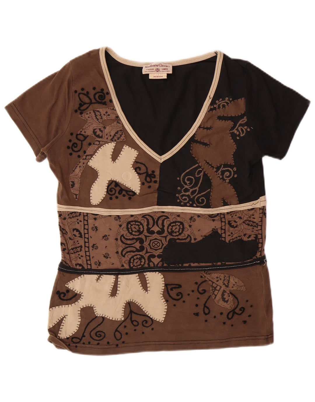 MARLBORO CLASSICS Γυναικείο T-Shirt UK 12 μεσαίο καφέ Paisley βαμβακερό