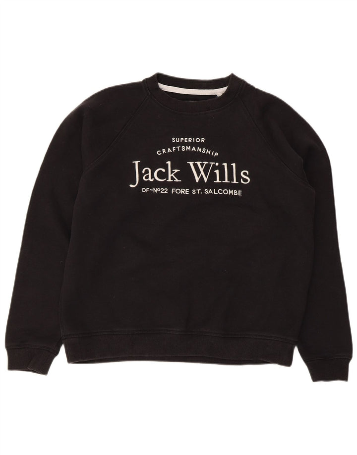 Jack Wills Γυναικείο Φούτερ γραφικό Jumper UK 12 μεσαίο μαύρο βαμβακερό